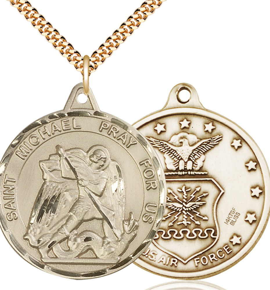 14kt Gold Filled Saint Michael Air Force Pendant on a 24 inch Gold Plate Heavy Curb chain