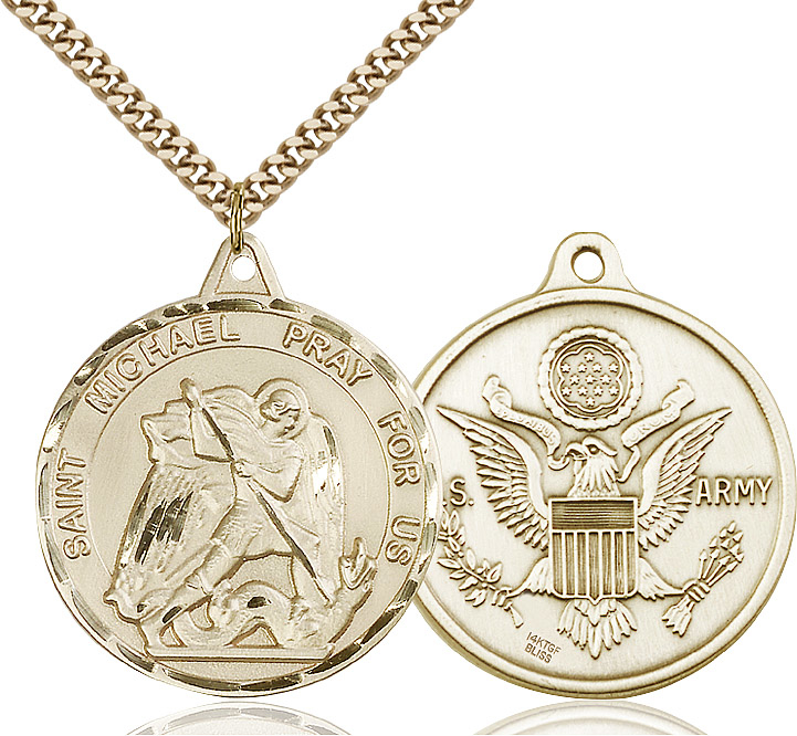 14kt Gold Filled Saint Michael Army Pendant on a 24 inch Gold Plate Heavy Curb chain