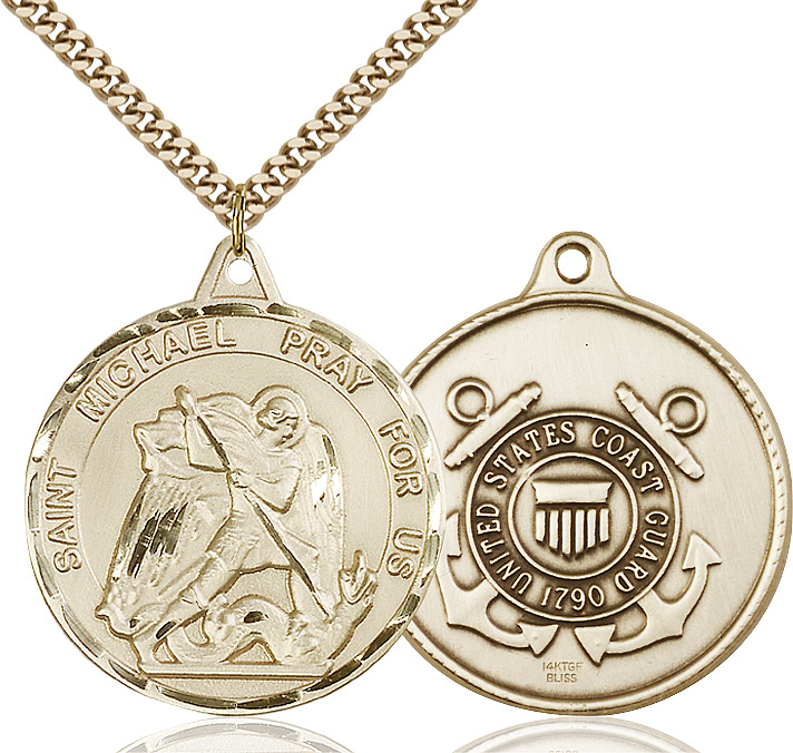 14kt Gold Filled Saint Michael Coast Guard Pendant on a 24 inch Gold Plate Heavy Curb chain