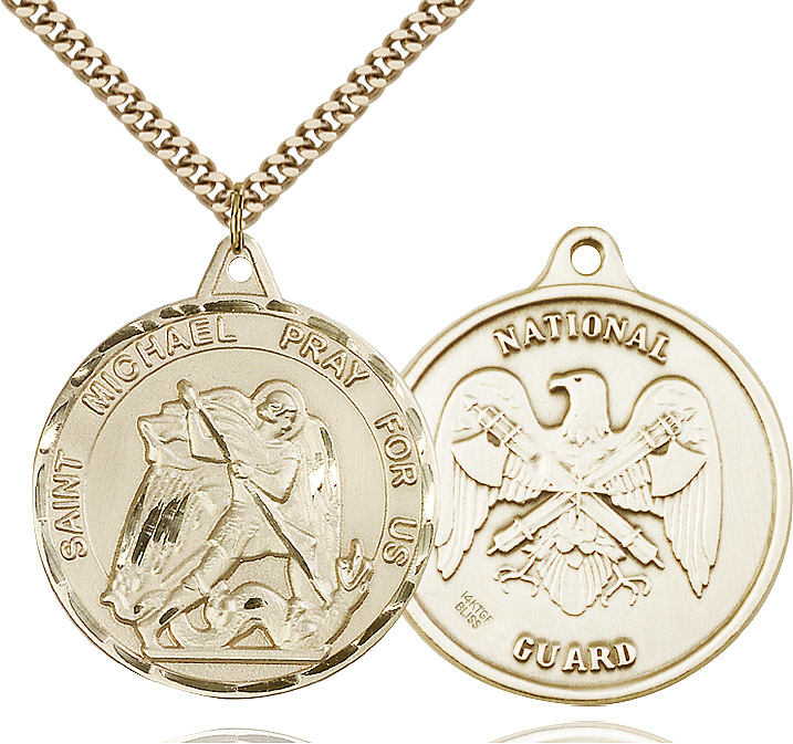 14kt Gold Filled Saint Michael National Guard Pendant on a 24 inch Gold Plate Heavy Curb chain