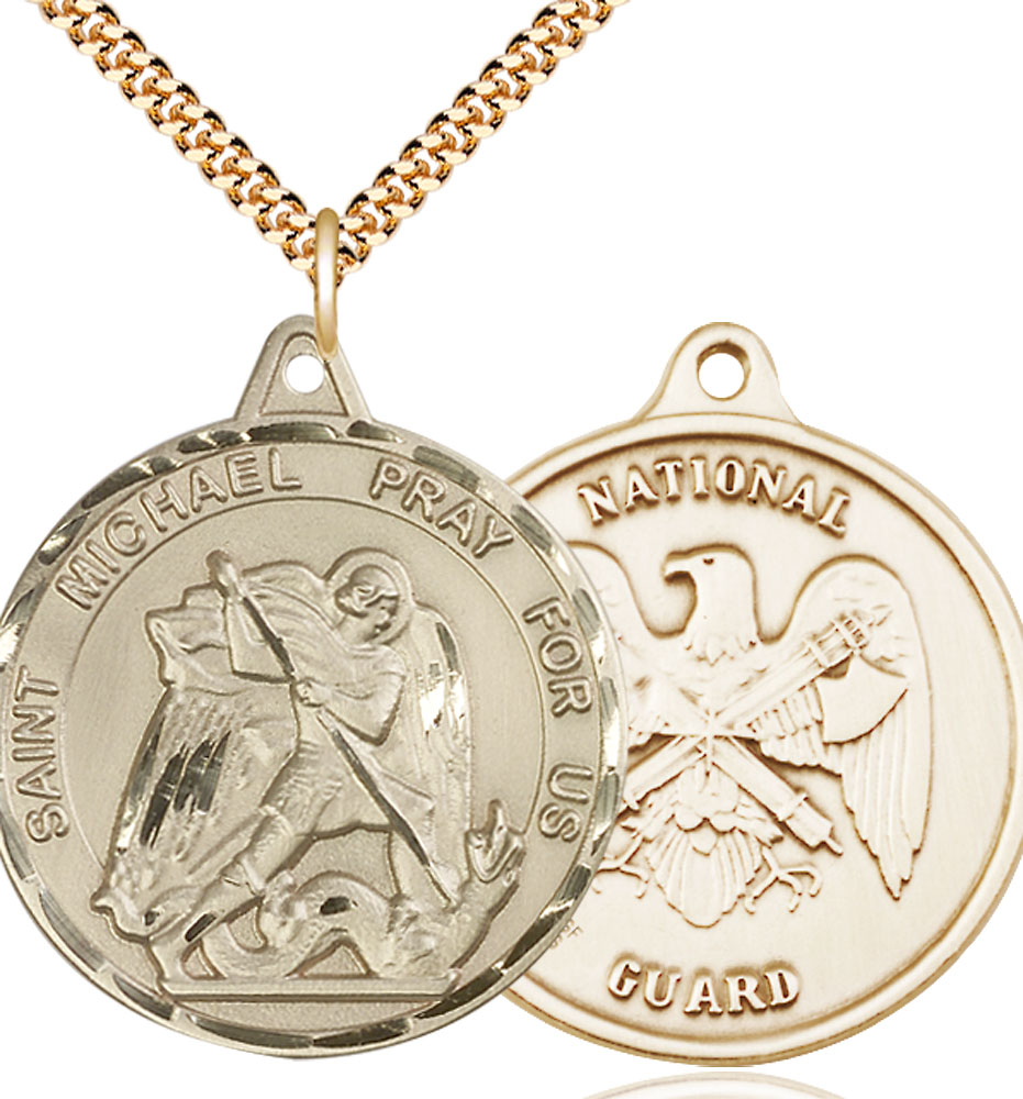 14kt Gold Filled Saint Michael National Guard Pendant on a 24 inch Gold Plate Heavy Curb chain