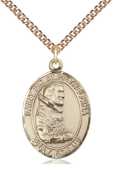 14kt Gold Filled Saint Pio of Pietrelcina Pendant on a 24 inch Gold Filled Heavy Curb chain