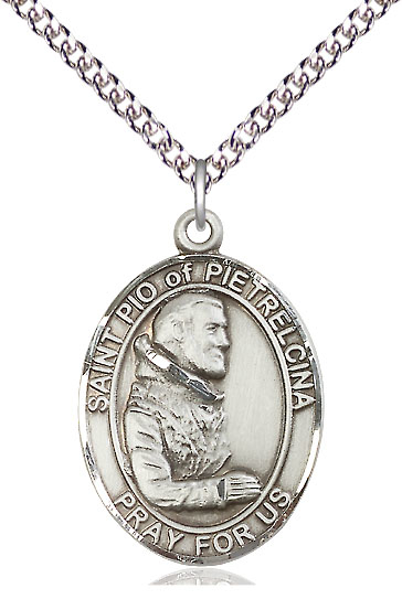 Sterling Silver Saint Pio of Pietrelcina Pendant on a 24 inch Sterling Silver Heavy Curb chain