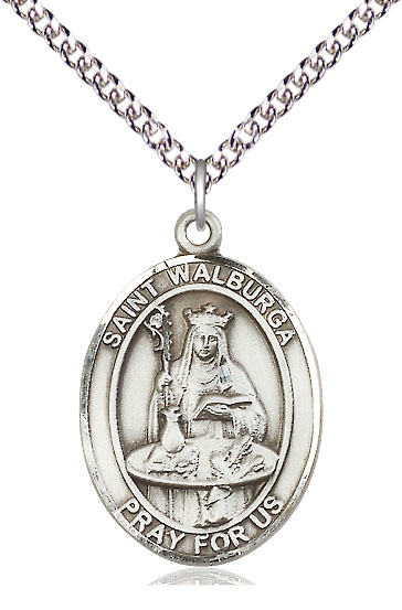 Sterling Silver Saint Walburga Pendant on a 24 inch Sterling Silver Heavy Curb chain