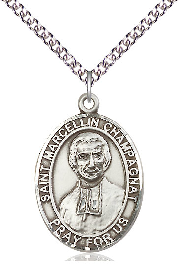 Sterling Silver Saint Marcellin Champagnat Pendant on a 24 inch Sterling Silver Heavy Curb chain