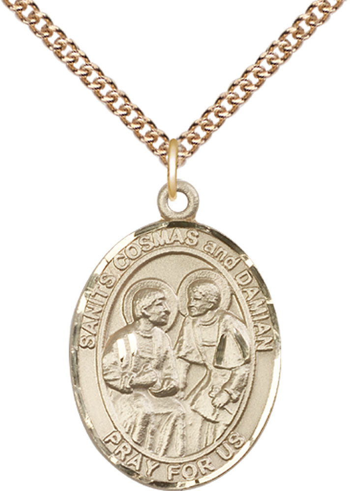 14kt Gold Filled Saints Cosmas &amp; Damian Pendant on a 24 inch Gold Filled Heavy Curb chain