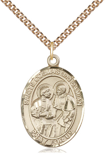 14kt Gold Filled Saints Cosmas &amp; Damian Pendant on a 24 inch Gold Filled Heavy Curb chain