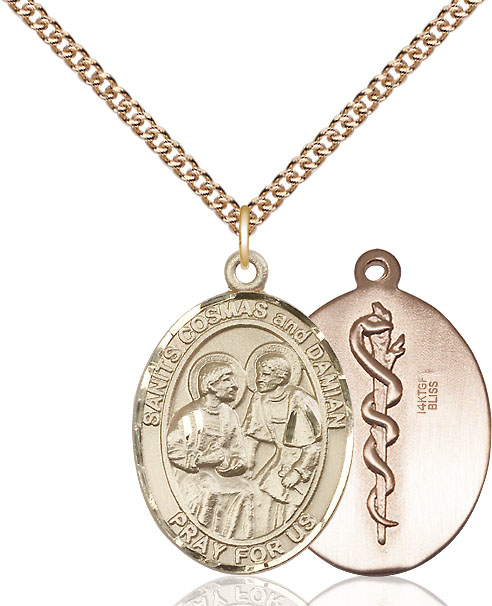 14kt Gold Filled Saints Cosmas &amp; Damian Doctors Pendant on a 24 inch Gold Filled Heavy Curb chain