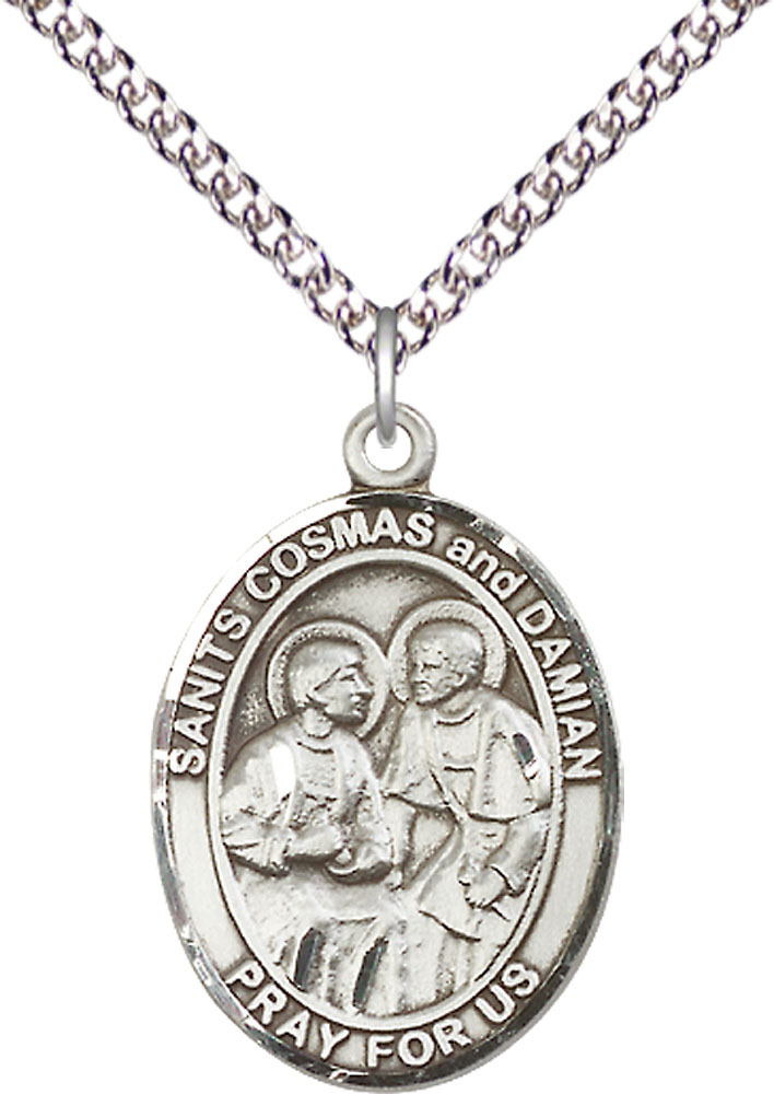 Sterling Silver Saints Cosmas &amp; Damian Pendant on a 24 inch Sterling Silver Heavy Curb chain