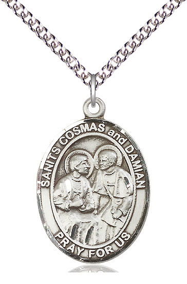 Sterling Silver Saints Cosmas &amp; Damian Pendant on a 24 inch Sterling Silver Heavy Curb chain