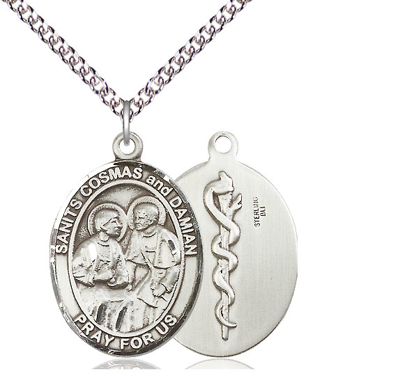 Sterling Silver Saints Cosmas &amp; Damian Doctors Pendant on a 24 inch Sterling Silver Heavy Curb chain
