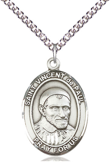 Sterling Silver Saint Vincent de Paul Pendant on a 24 inch Sterling Silver Heavy Curb chain