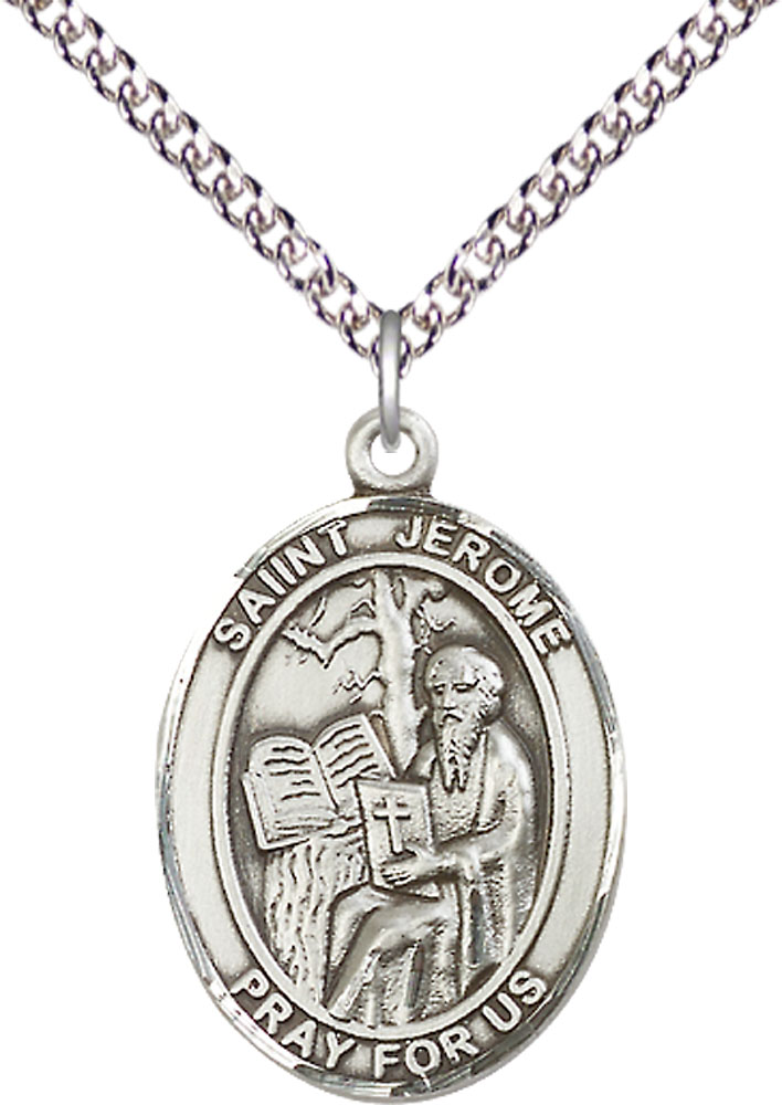Sterling Silver Saint Jerome Pendant on a 24 inch Sterling Silver Heavy Curb chain