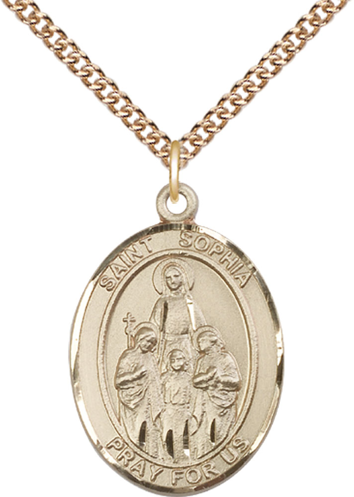 14kt Gold Filled Saint Sophia Pendant on a 24 inch Gold Filled Heavy Curb chain