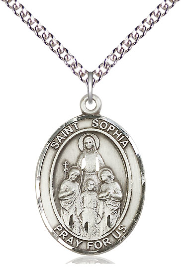 Sterling Silver Saint Sophia Pendant on a 24 inch Sterling Silver Heavy Curb chain