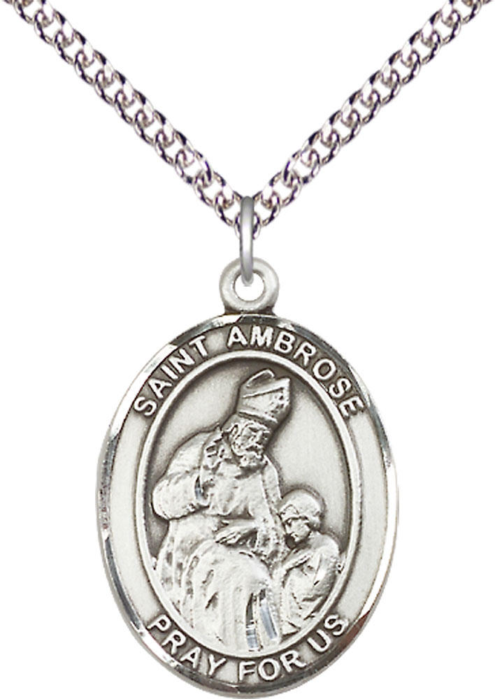 Sterling Silver Saint Ambrose Pendant on a 24 inch Sterling Silver Heavy Curb chain