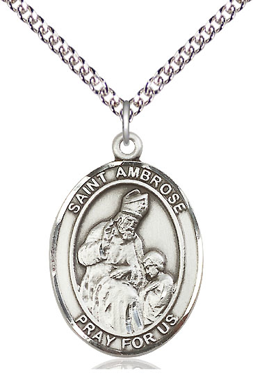 Sterling Silver Saint Ambrose Pendant on a 24 inch Sterling Silver Heavy Curb chain