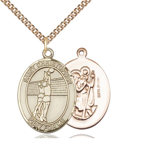 14kt Gold Filled Saint Christopher Volleyball Pendant on a 24 inch Gold Filled Heavy Curb chain