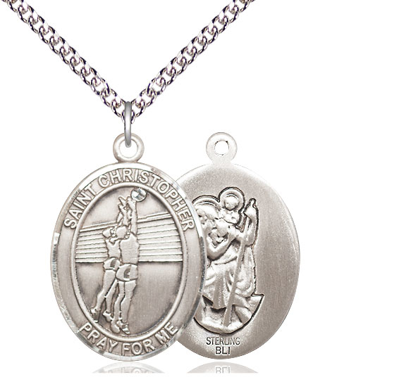 Sterling Silver Saint Christopher Volleyball Pendant on a 24 inch Sterling Silver Heavy Curb chain