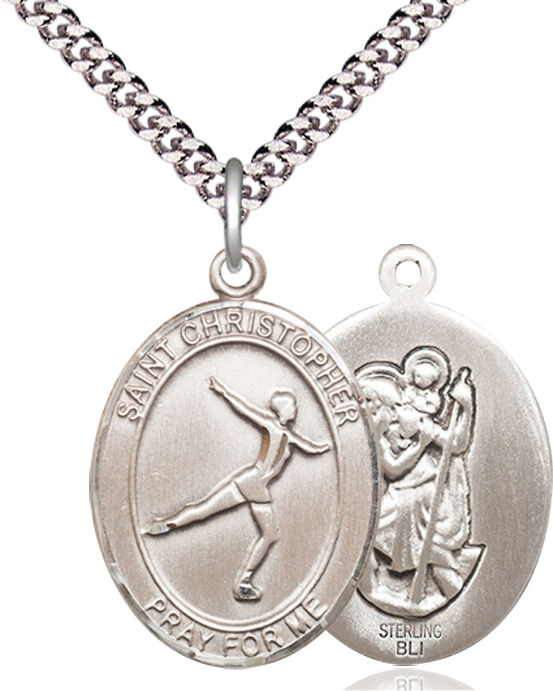 Sterling Silver Saint Christopher Figure Skating Pendant on a 24 inch Light Rhodium Heavy Curb chain