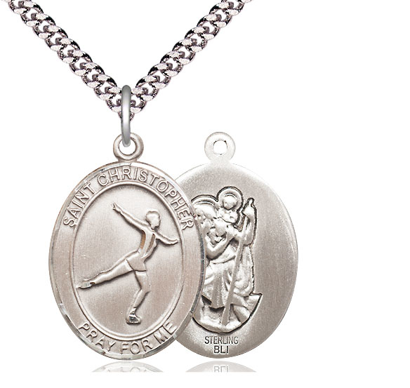 Sterling Silver Saint Christopher Figure Skating Pendant on a 24 inch Light Rhodium Heavy Curb chain