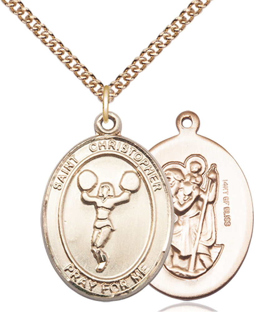 14kt Gold Filled Saint Christopher Cheerleading Pendant on a 24 inch Gold Filled Heavy Curb chain
