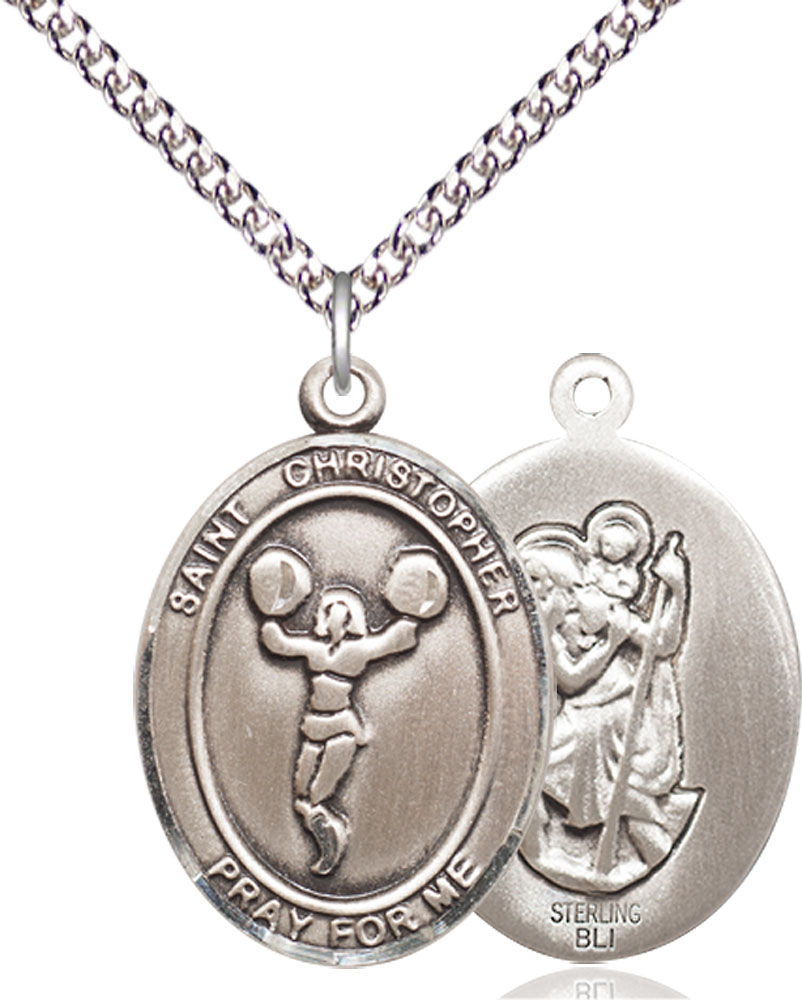 Sterling Silver Saint Christopher Cheerleading Pendant on a 24 inch Sterling Silver Heavy Curb chain