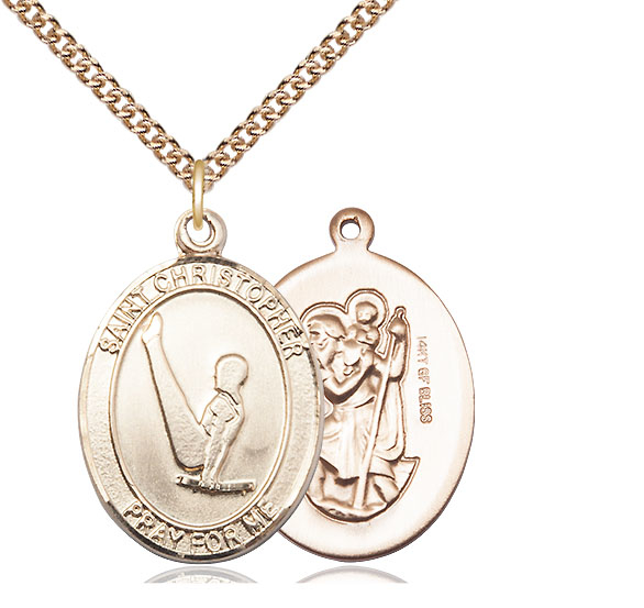 14kt Gold Filled Saint Christopher Gymnastics Pendant on a 24 inch Gold Filled Heavy Curb chain