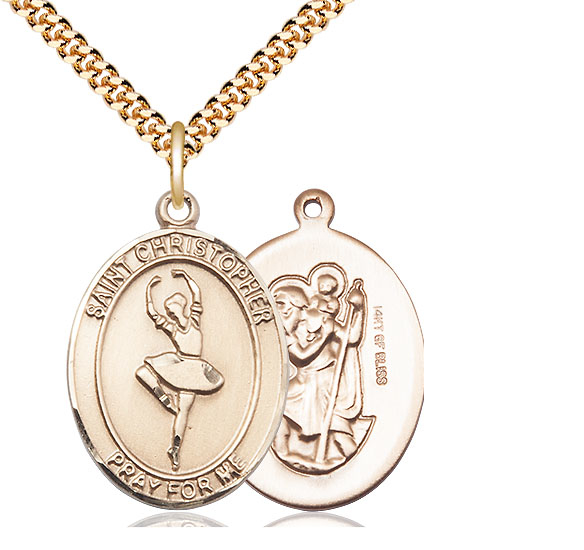 14kt Gold Filled Saint Christopher Dance Pendant on a 24 inch Gold Plate Heavy Curb chain