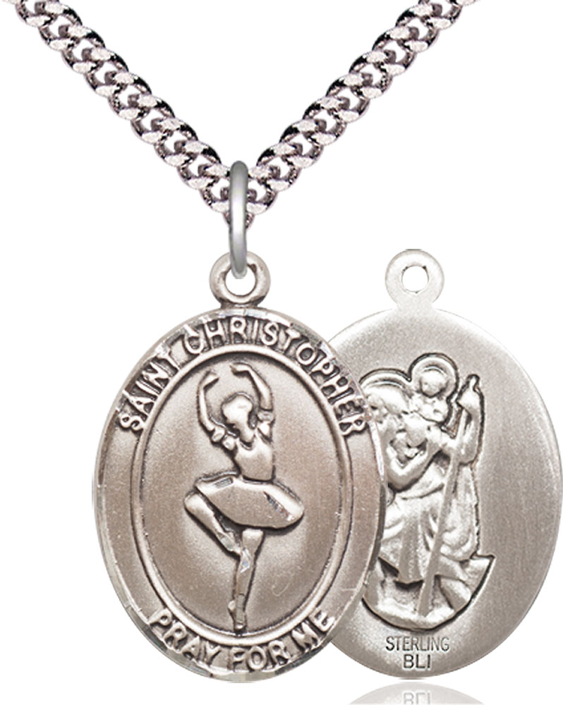 Sterling Silver Saint Christopher Dance Pendant on a 24 inch Light Rhodium Heavy Curb chain