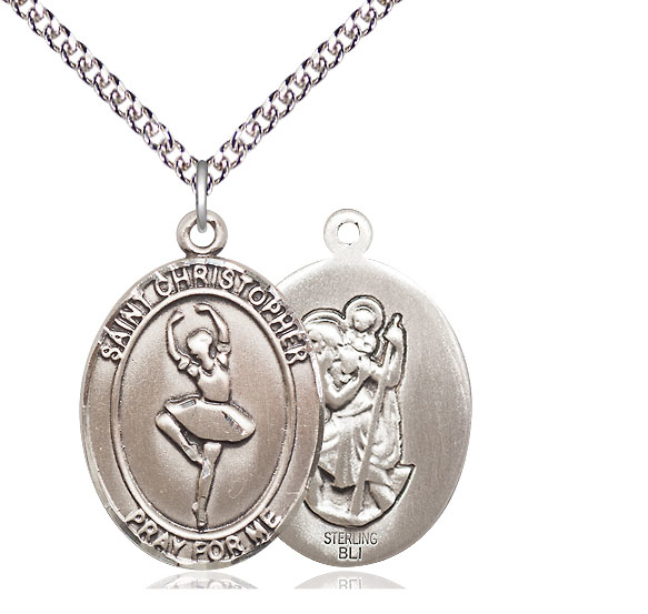 Sterling Silver Saint Christopher Dance Pendant on a 24 inch Sterling Silver Heavy Curb chain
