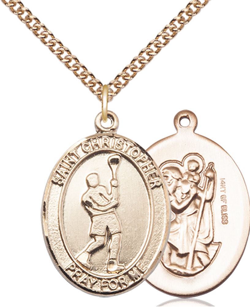 14kt Gold Filled Saint Christopher Lacrosse Pendant on a 24 inch Gold Filled Heavy Curb chain