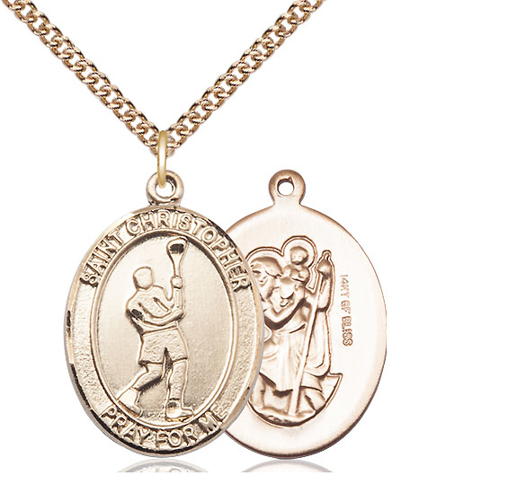 14kt Gold Filled Saint Christopher Lacrosse Pendant on a 24 inch Gold Filled Heavy Curb chain