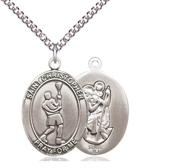 Sterling Silver Saint Christopher Lacrosse Pendant on a 24 inch Sterling Silver Heavy Curb chain