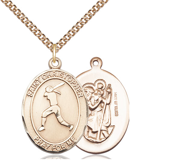 14kt Gold Filled Saint Christopher Softball Pendant on a 24 inch Gold Filled Heavy Curb chain