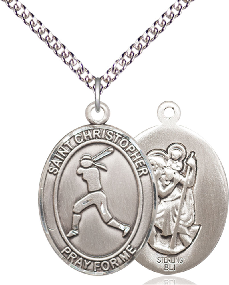 Sterling Silver Saint Christopher Softball Pendant on a 24 inch Sterling Silver Heavy Curb chain
