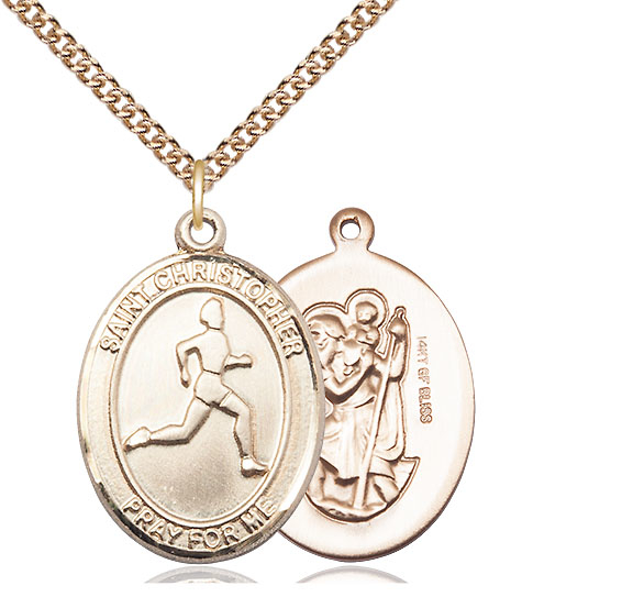 14kt Gold Filled Saint Christopher Track&amp;Field Pendant on a 24 inch Gold Filled Heavy Curb chain