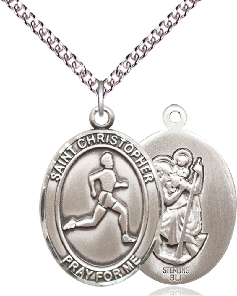 Sterling Silver Saint Christopher Track&amp;Field Pendant on a 24 inch Sterling Silver Heavy Curb chain