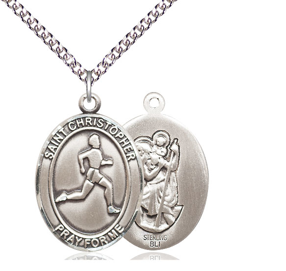 Sterling Silver Saint Christopher Track&amp;Field Pendant on a 24 inch Sterling Silver Heavy Curb chain