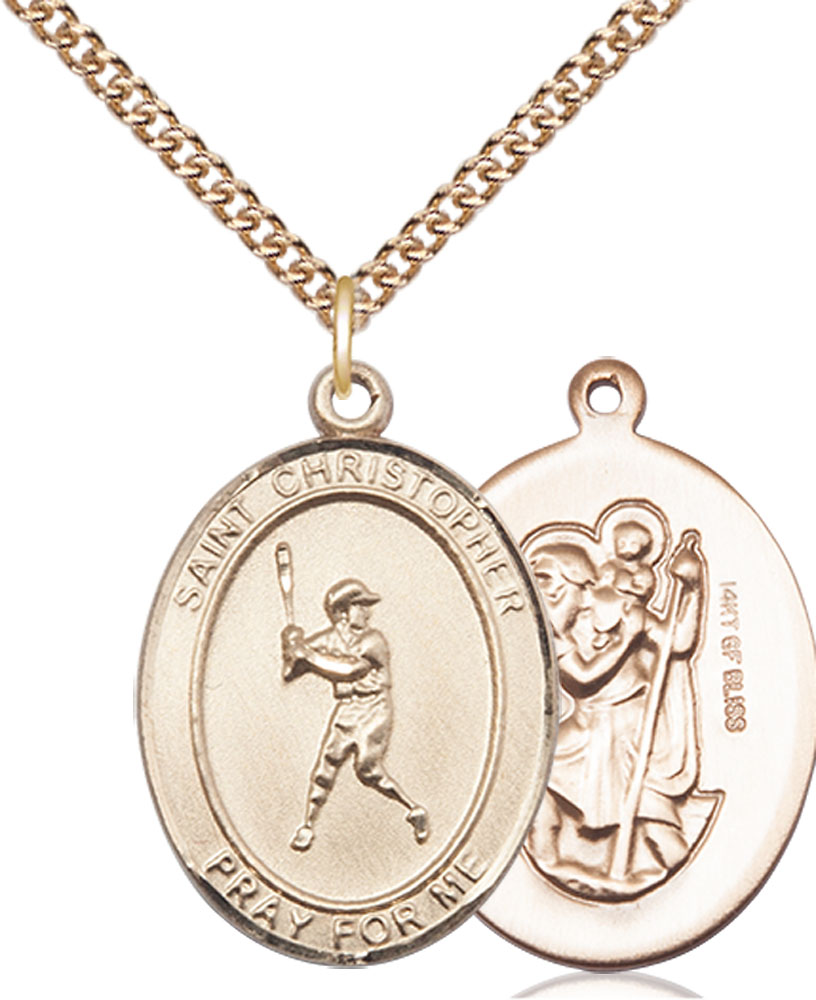 14kt Gold Filled Saint Christopher Baseball Pendant on a 24 inch Gold Filled Heavy Curb chain