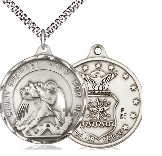 Sterling Silver Saint Michael Air Force Pendant on a 24 inch Light Rhodium Heavy Curb chain