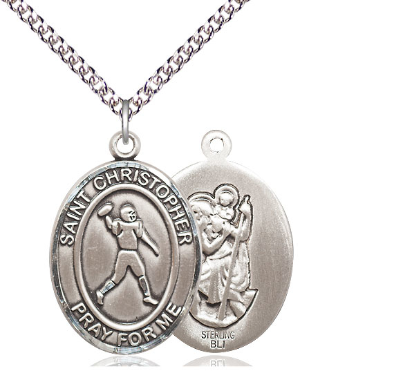 Sterling Silver Saint Christopher Football Pendant on a 24 inch Sterling Silver Heavy Curb chain