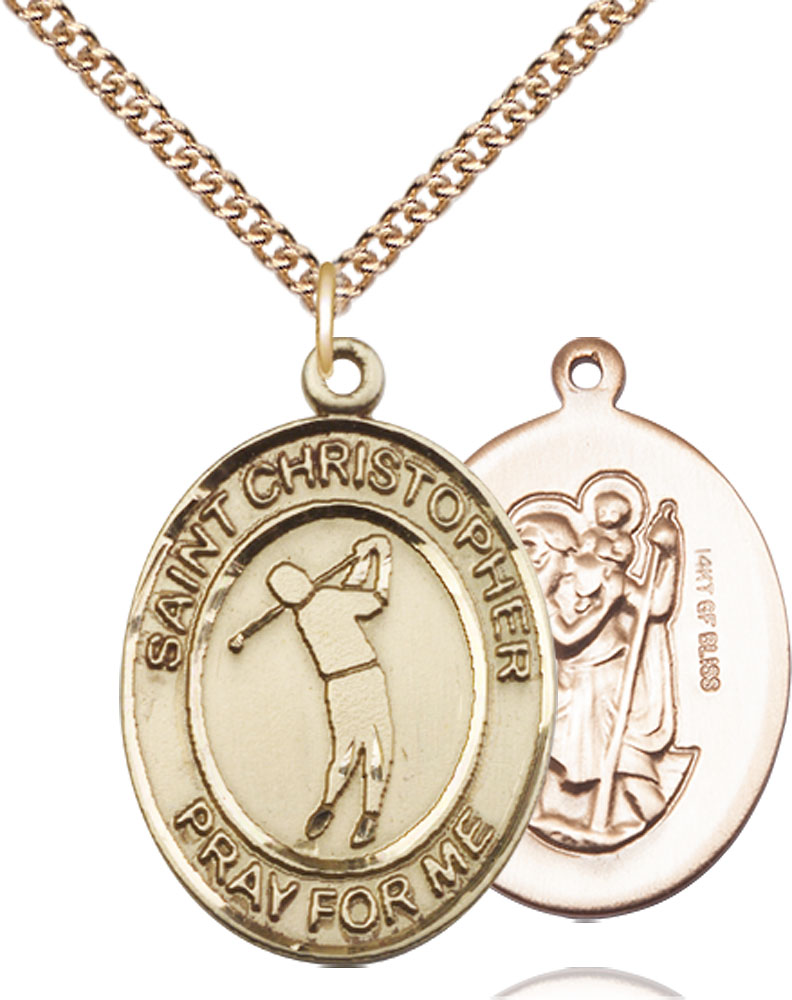 14kt Gold Filled Saint Christopher Golf Pendant on a 24 inch Gold Filled Heavy Curb chain