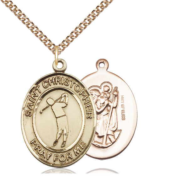 14kt Gold Filled Saint Christopher Golf Pendant on a 24 inch Gold Filled Heavy Curb chain