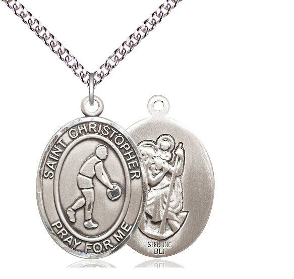 Sterling Silver Saint Christopher Basketball Pendant on a 24 inch Sterling Silver Heavy Curb chain