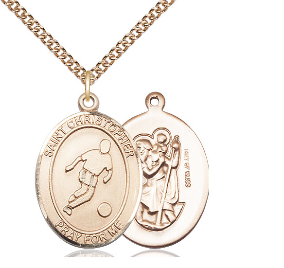 14kt Gold Filled Saint Christopher Soccer Pendant on a 24 inch Gold Filled Heavy Curb chain