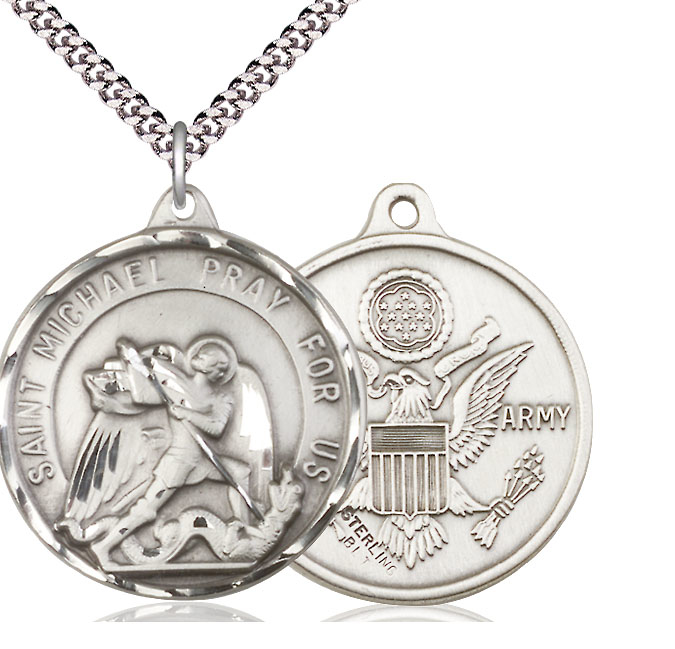 Sterling Silver Saint Michael Army Pendant on a 24 inch Light Rhodium Heavy Curb chain