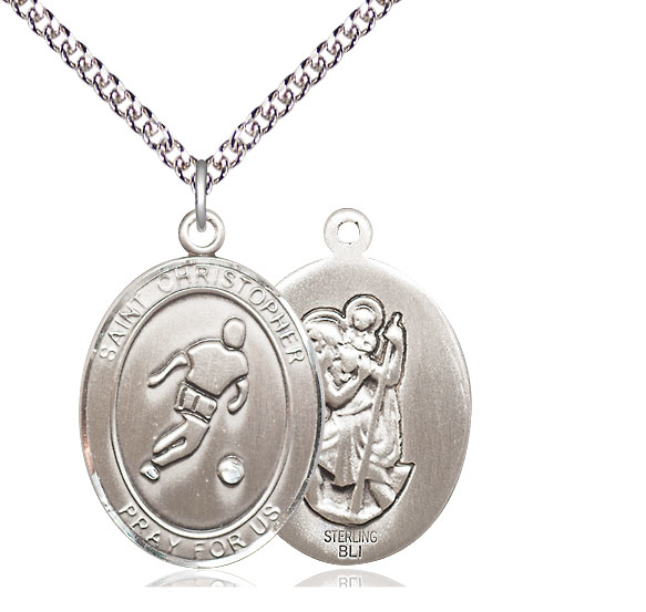 Sterling Silver Saint Christopher Soccer Pendant on a 24 inch Sterling Silver Heavy Curb chain