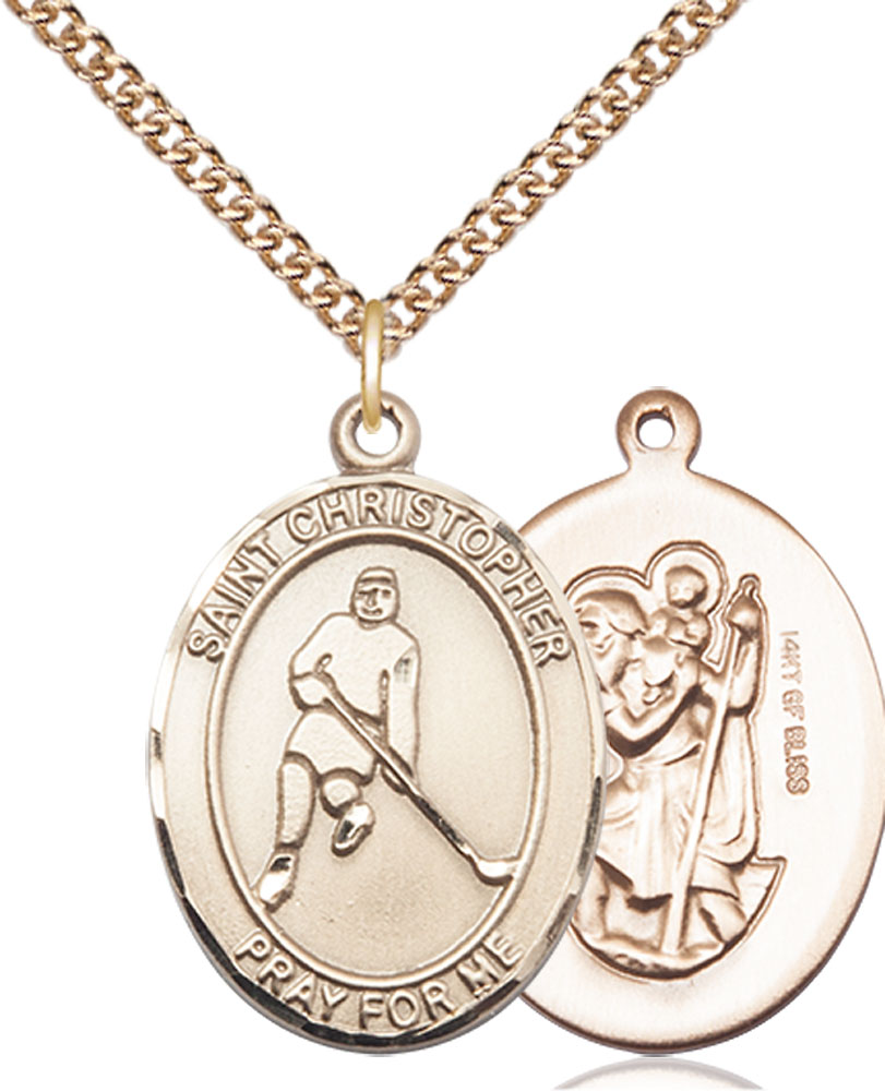 14kt Gold Filled Saint Christopher Ice Hockey Pendant on a 24 inch Gold Filled Heavy Curb chain