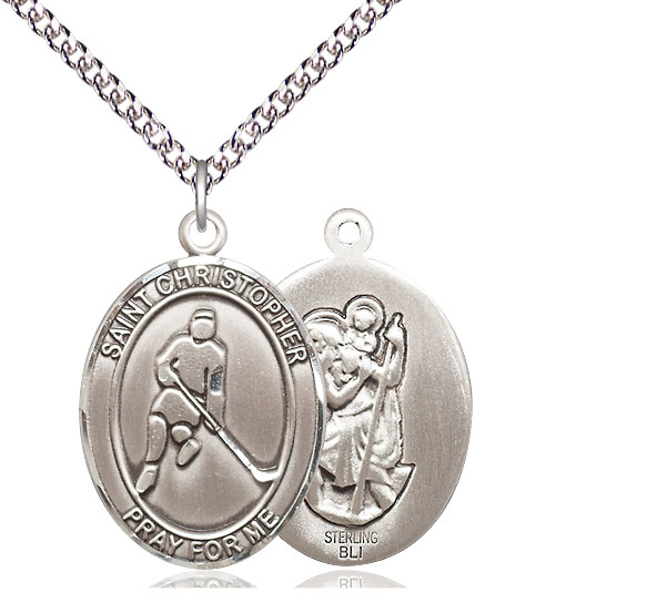 Sterling Silver Saint Christopher Ice Hockey Pendant on a 24 inch Sterling Silver Heavy Curb chain